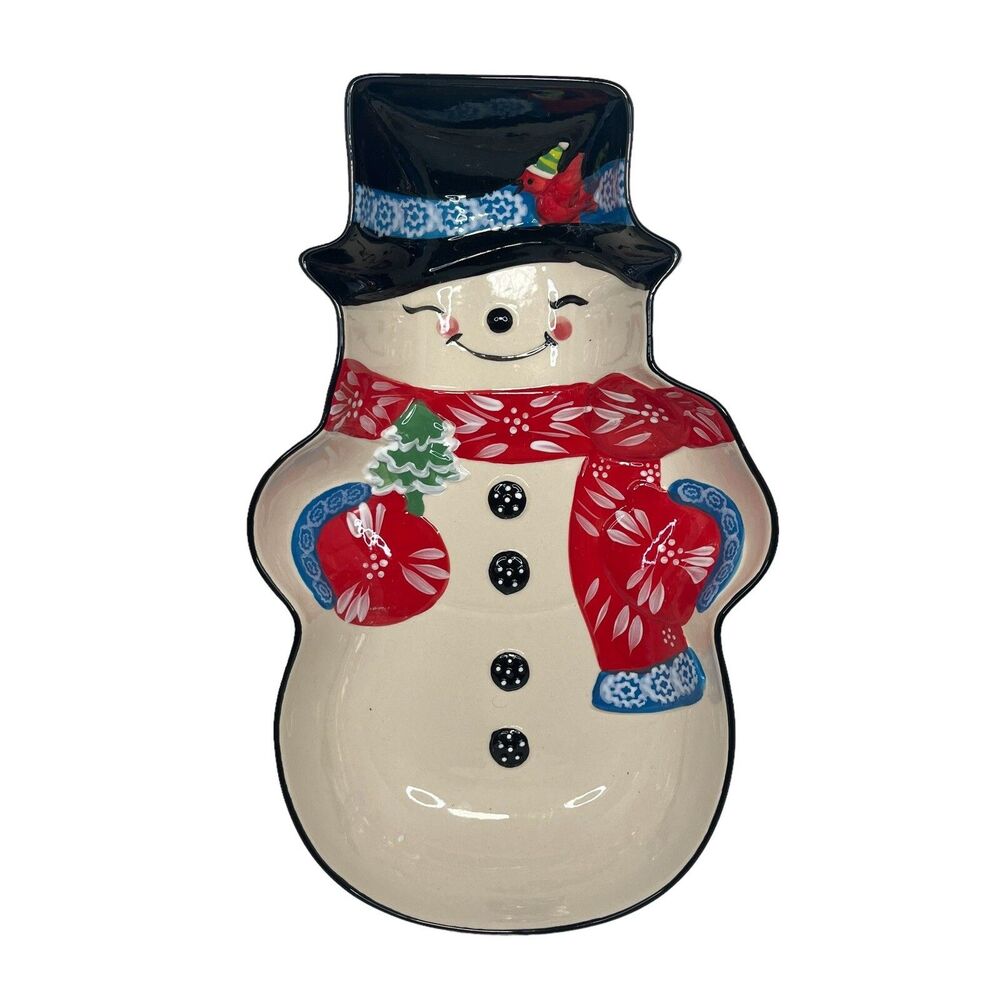Temptations Winter Whimsy Serving Platter Bowl Ceramic Snowman Holiday Christmas